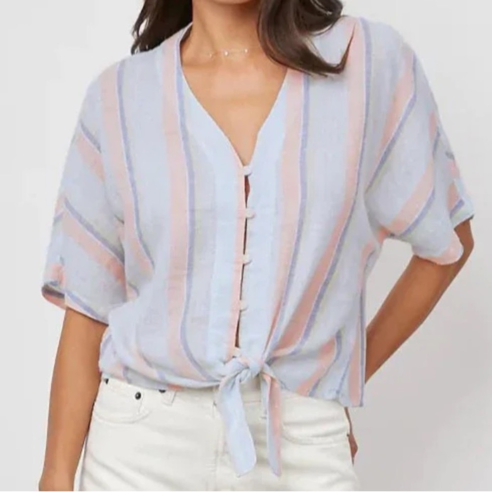 Rails Pastel Stripe Tie-Front Button Blouse in Light Blue and Pink